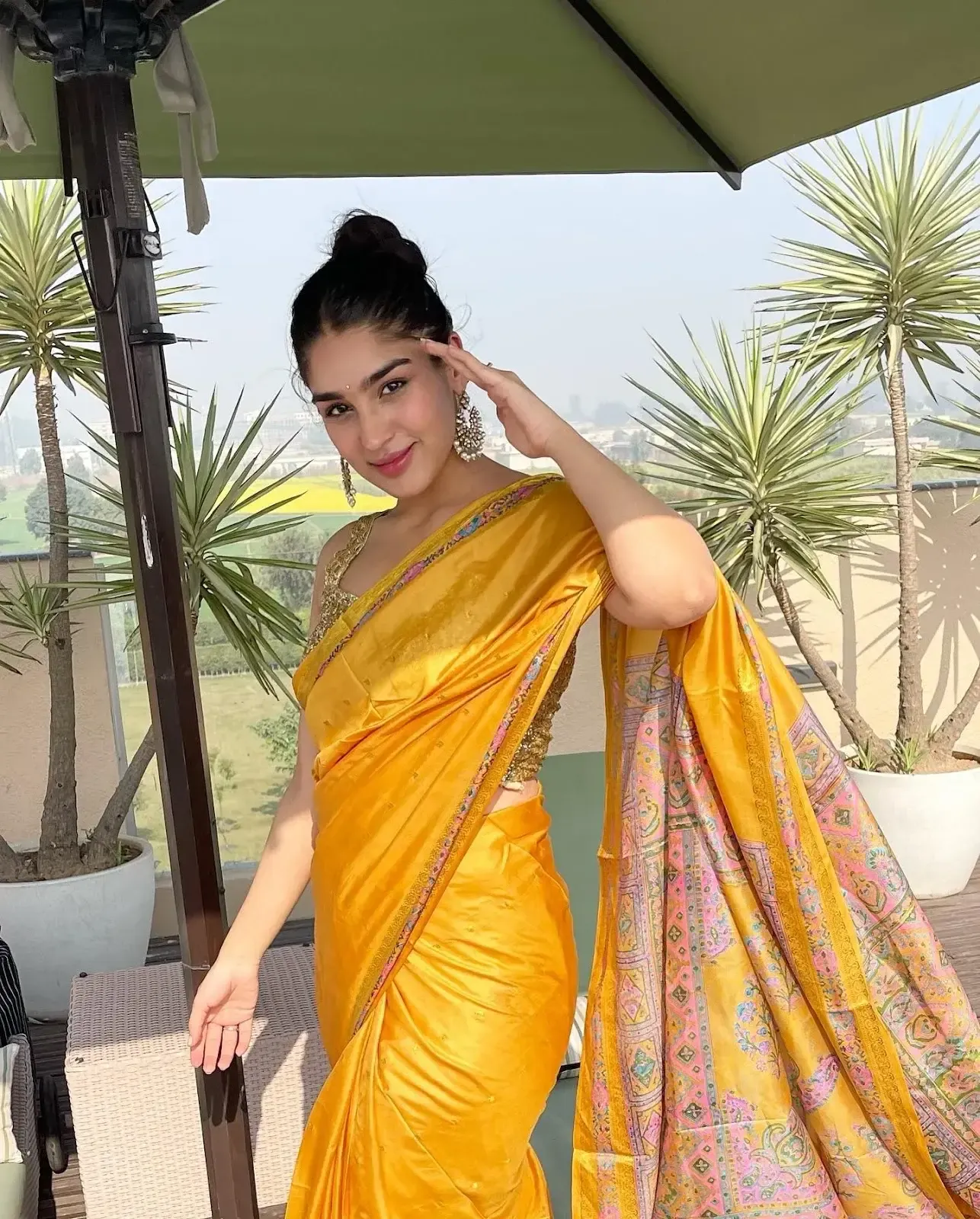 NORTH INDIAN GIRL YUKTI THAREJA IMAGES IN TRADITIONAL YELLOW SAREE 1